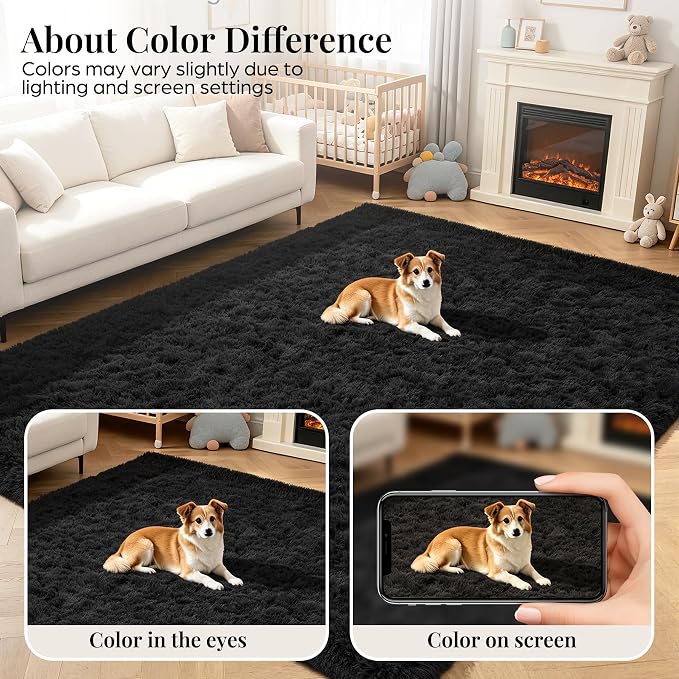 8x10 Area Rugs for Living Room Bedroom: Soft Fluffy Black Shag Upgrade Non-Slip High Pile Carpet Large Fuzzy Plush Indoor Floor Decor Shaggy Rug for Kid Boys Girls Dorms Playroom Nursery Modern Home