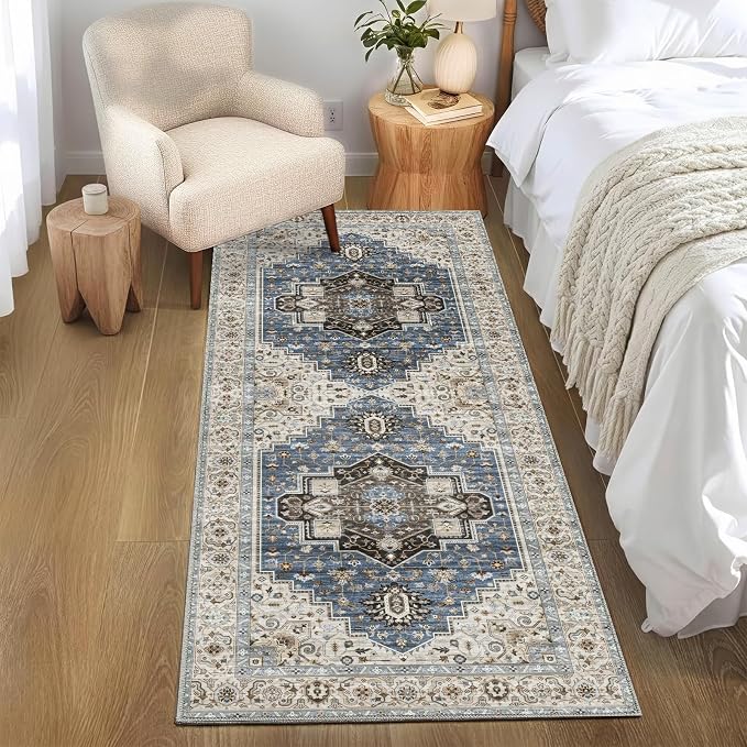 2x6 Runner Rug for Entryway Hallway-Vintage Farmhouse Boho Floral Neutral Washable Stain Resistant Indoor Rugs for Home Decor(Floral Blue)