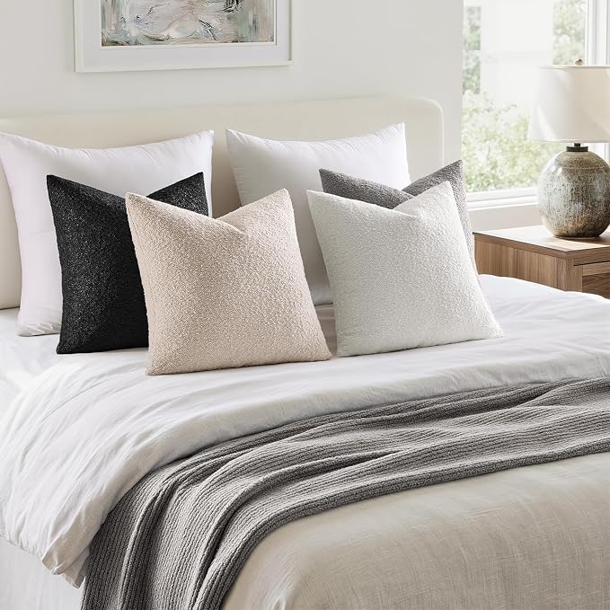 MIULEE Pack of 4 Decorative Textured Boucle Throw Pillow Covers | 18x18 Inch Black White Accent Pillow Cases Soft Couch Cushion Covers Modern Farmhouse Boho Sofa Bed Livingroom Home Decor