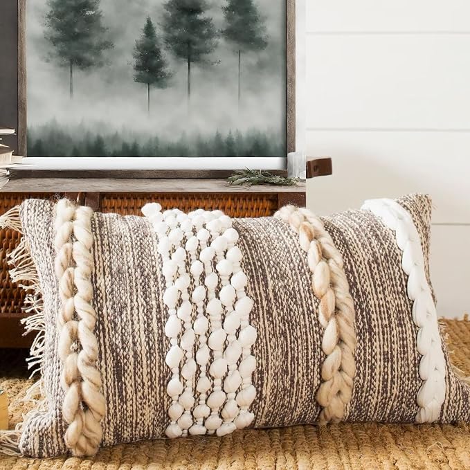 Decorative Boho-Chic Lumbar Pillow Cover 12x20 Premium Handwoven Tufted Cotton &Wool Accent Pillows, Earthy Color Throw Cushion, Farmhouse & Bohemian Home Decor (Limited Edition Cover Only)