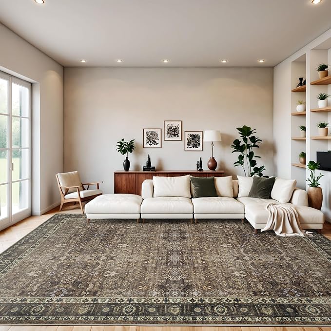 9x12 Vintage Washable Area Rug for Living Room,Non Slip Boho Carpet Non-Shedding Large Area Rug Soft Indoor Stain Resistant Rug Floral Print Mat for Bedroom Dining Room Brown Floral