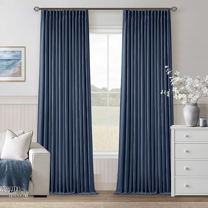 Dark Blue Linen Blackout 120 Inch Curtains for Living Room 2 Panels Set Pinch Pleated Back Tab Drapes Farmhouse Thermal Insulated Full Black Out Curtains 120 Length High Ceiling to Floor Indigo Navy