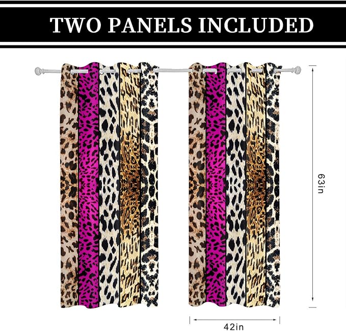 Wild Animal Print Curtain, Room Darkening Thermal Insulated Blackout Leopard Boa Window Drapes with Grommets for Living, Dining, Bedroom, Hot Pink Leopard Print, 42"x 63", 2 Panels