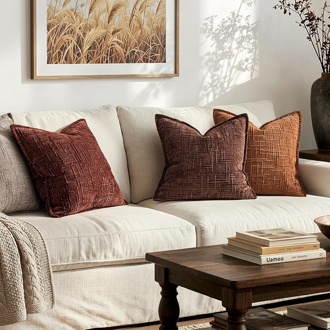MIULEE Slubby Textured Decorative Throw Pillow Covers 20x20 Inch Set of 2 Boho Farmhouse Soft Cozy Chenille Pillows Cushion Cases Modern Fall Home Decor for Couch Sofa Bed Living Room, Brown