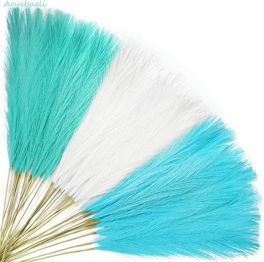 Agusbagli 30pcs Light Blue Pampas Grass Decor, 21.5in Fluffy Faux Colored Pampas Grass Short White Fake Pampas Vase Filler Artificial Flower Arrangement for Home Wedding Centerpieces Boho Decorations