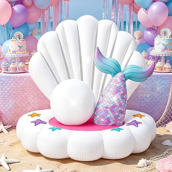 4.6FT Inflatable Seashell with Mermaid Tail for Summer Outdoor Decor, Blow Up Seashell Built-in 3 LED Lights for Mermaid Birthday & Pool Beach Ocean Party Decorations, Yard Garden Indoor Photo Props
