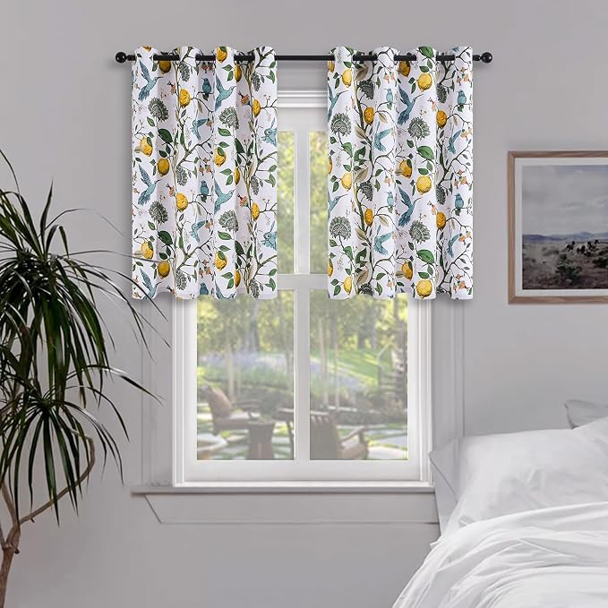 Topfinel White Blackout Tiers 36 Inch Length Curtains Classical Watercolor Botanical Floral Hummingbird Grommet Half Window Treatment, for Rv Kitchen Cafe Basement Bathroom Dinning Room, 2 Panels