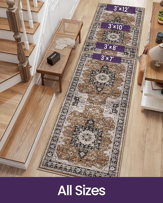DEXI Hallway Washable Runner Rug 3x8, Vintage Farmhouse Thin Kitchen Runner with Non Slip Backing, Soft Entryway Floor Rug, Stain Resistant Distressed Carpet for Bedroom Living Room, Brown