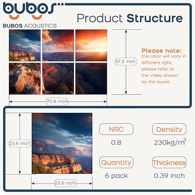 BUBOS 6 Pack Acoustic Wall Panels - High-Density Polyester Sound Absorbing Panels, Decorative Print Treatment for Recording Studio & Home Office, Peel and Stick, 23.6" x 23.6"