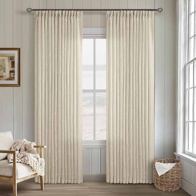 TWODRAPES Beige Linen Curtains 96 Inches Long Pinch Pleated 2 Panels Living Room Bedroom Memory Trained Semi Sheer Neutral Flax Pinch Pleat Drapes with Hooks Rings Light Filtering Window Curtain 40x96