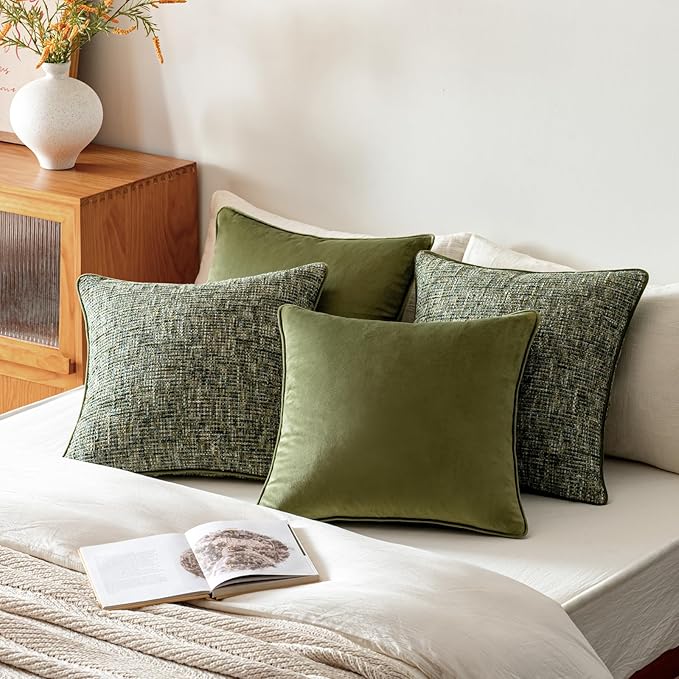 a moment Dark Green 4 Pack Throw Pillow Covers - Chenille & Velvet Set with Piping, Farmhouse Textured Design Pillow Cases for Couch Sofa Bed Livingroom (22x22 Inch, No Insert)