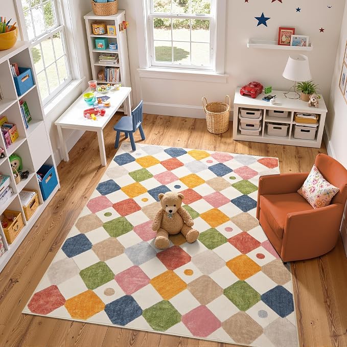 jinchan Macy 6x9 Kids Area Rug for Classroom Modern Colorful Nursery Rug Checkered Diamond Play Mat Washable Soft Non Slip Carpet for Playroom Living Room Bedroom Daycare Circus on Cream