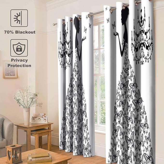 Jekeno Butterfly Woman Blackout Curtains - Black White Madame Butterflies Wedding Gown Silhouette Chandelier Print Decor Home Bedroom Living Room Grommet Window Drapes 2 Panel Set,42x63 Inch