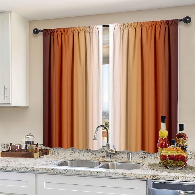 Burnt Orange Kitchen Curtains 2 Panels for Dining Room Abstract Rust Art Painting Curtain 39 inch Length Semi Sheer Rod Pocket Window Treatment Panel for Livingroom,27.5"x39"