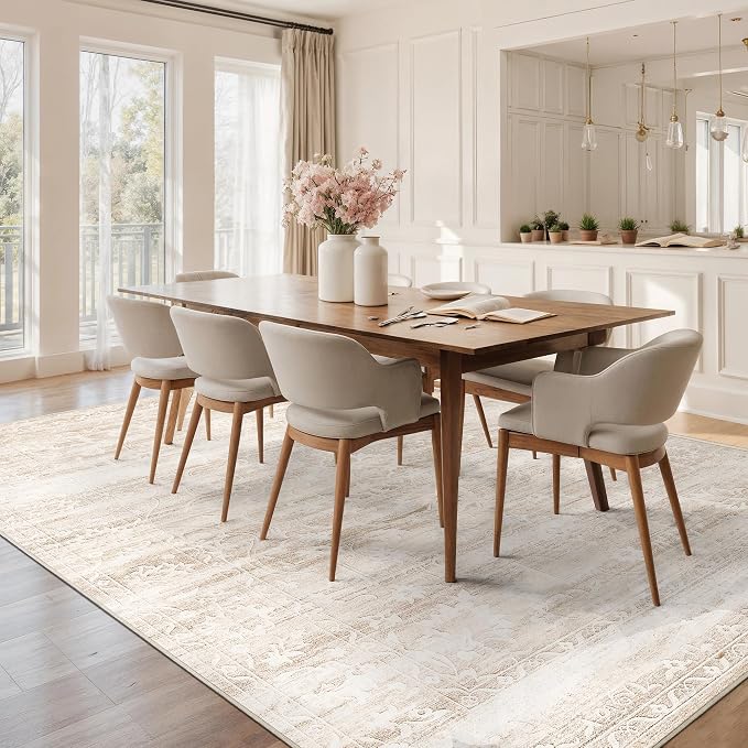 Soalmost 8x10 Area Rugs for Living Room, Washable Neutral Rug Beige Ivory | Vintage Floral Soft Stain Resistant Non-Slip Low Pile Thin Carpet for Dining Room Bedroom Kitchen Home Office Nursery 8'x10'