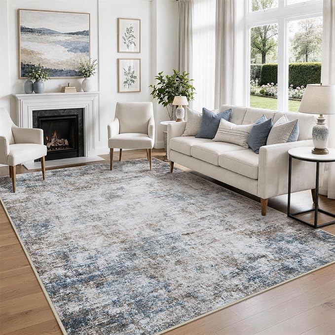 8x10 Area Rugs for Living Room Rug Washable: Abstract Large Rug for Dining Room Bedroom Carpet Non Slip 8 by 10 Indoor Modern Nursery Home Office White Brown Blue