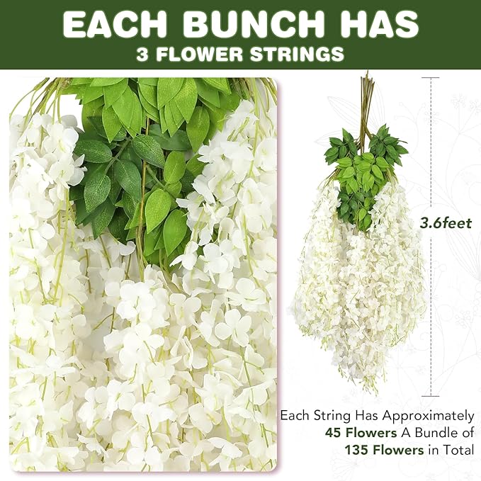 Alotiki Wisteria Hanging Flowers,Fake Hanging Flowers,Wisteria artificiales Garland for Home Wedding Arch Floral Party Garden Ceremony Outdoor Decor,3.6 feet Long(75,White)