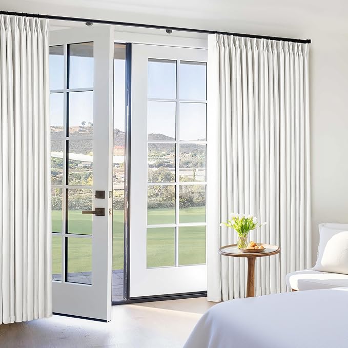 Extra Wide Blackout Linen Curtains 84 Inch Length 60 Inch Wide for Living Room Pinch Pleated Back Tab Farmhouse Bedroom Thermal 100% Black Out Window Drapes Energy Efficient 60x84 Beige White 1 Panel