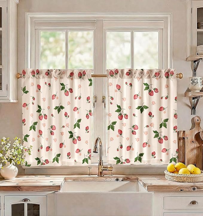Miss Adola Farmhouse Kitchen Tier Curtains - 30 Inch Length Linen Blend Country Cafe Curtains Strawberry Small Window Treatments Over Sink Rod Pocket for Bathroom Living Room Light Filtering, 2 Panels