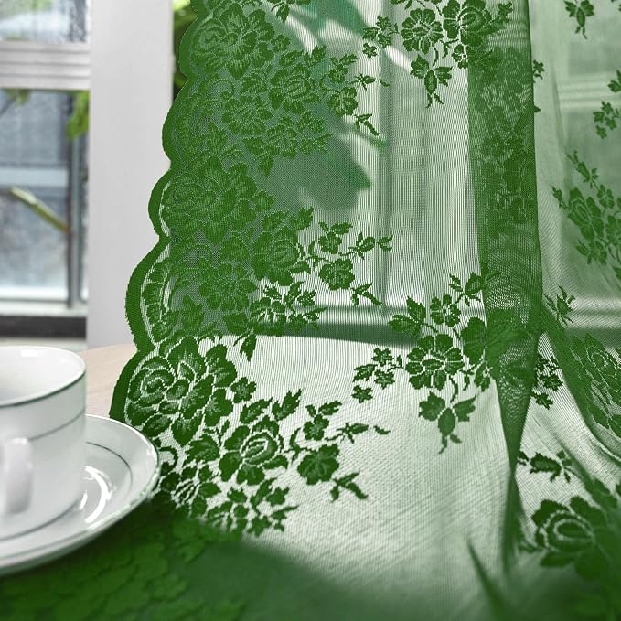Dark Olive Green Sheer Curtains 90 Inches Long 2 Panels Set Country Floral Rustic Vintage Emerald Green Lace Curtains for Living Room Bedroom, Rod Pocket Privacy Forest Green Drapes, Each 52 x 90 Inch