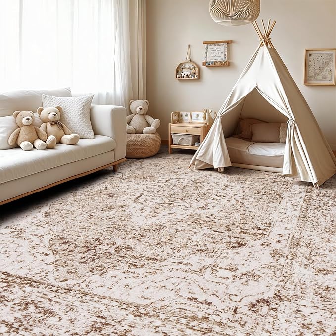 Lofus 5x8 Area Rugs for Living Room, Washable Area Rug, Rugs for Bedroom, Kitchen, Vintage Boho Carpet, Soft Non-Slip, Low Pile Large Area Rug for Office Dining Room, Vintage Beige Brown