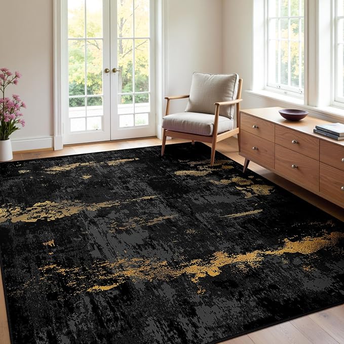 RELEANY Washable Area Rugs 4x5 Non-Slip Modern Abstract Soft for Living Room Entryway Bedroom Kitchen, Print Pattern, Dark Black Gold
