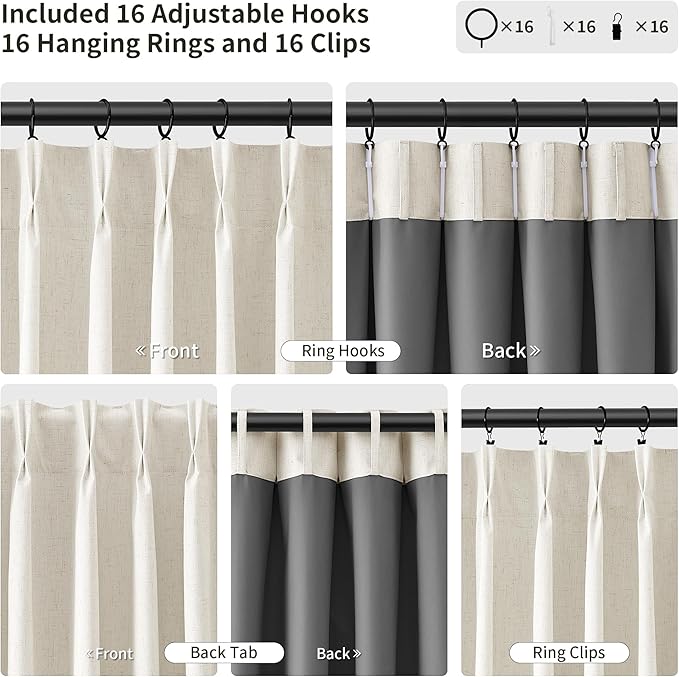 Joywell Pinch Pleated 100% Blackout Linen Curtains 63 Inches Long for Living Room Small Window 2 Panels Set Thermal Insulated Soundproof Short Linen Pinch Pleat Curtains for Bathroom 40Wx63L Cream