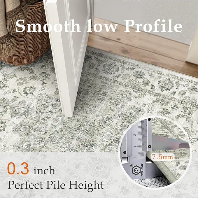 5x7 Washable Neutral Area Rug Green Vintage Living Room Bedroom Carpet Non-Slip Soft Low Pile Farmhouse Indoor Throw Rug for Dining Room Entryway Office