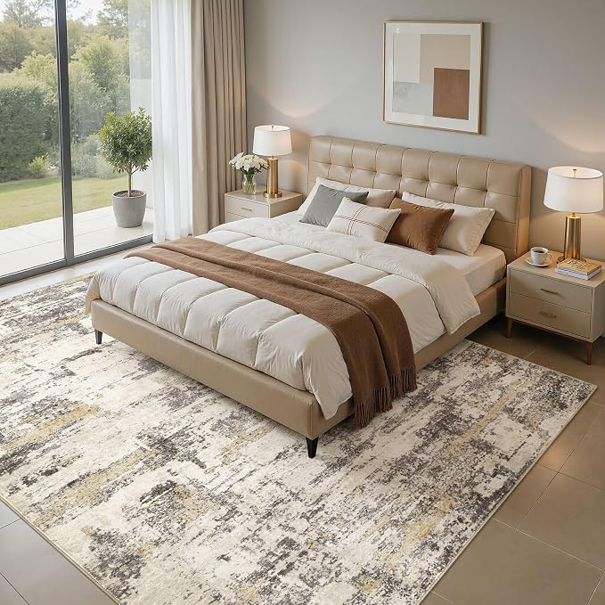Area Rugs for Living Room: Abstract Washable Rug Modern Neutral Large Soft Stain Resistant Non-Slip Backing Machine Table for Bedroom Dining Room Indoor Home Office Carpet - 12x15 Gold Brown