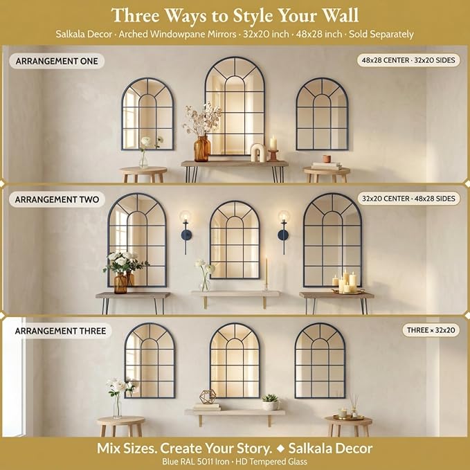 Blue Framed 48x28Inch Arched Window Pane Mirror| Arched Mirrors for Wall & Floor | Arch Mirror Full Length for Entryway Living Room & Bedroom | Oversized Mirrors | Wall Art Decorative |Farmhouse