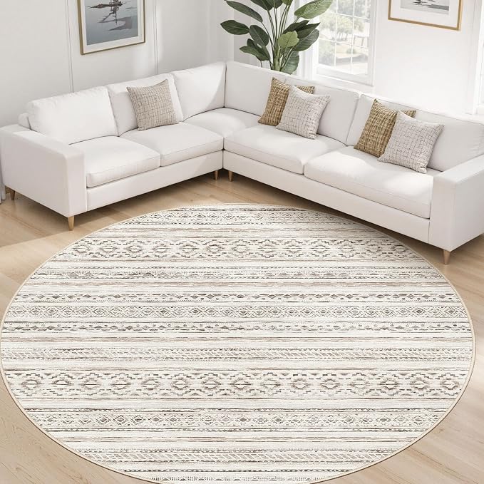 cotiled 8x8 Round Area Rugs Living Room Rug: Washable Boho Rugs with Non Slip Backing Large Soft Indoor Stain Resistant Carpet for Bedroom Farmhouse Dining Room Lightweight Home Decor Cream Brown