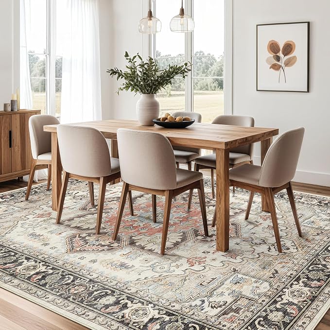 Area Rug for Living Room - 5x7 Soft Machine Washable Oriental Vintage Floral Distressed Large Indoor Floor Carpet for Bedroom Under Dining Table Home Office Decor - Multi Cream