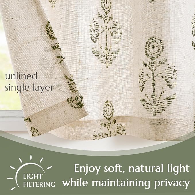 jinchan Linen Kitchen Curtains 36 Inch Floral Tier Curtains Farmhouse Cottage Core Flax Cafe Rod Pocket Country Small Window Drapes for Laundry Room Bathroom RV 2 Panels Sage Green on Beige