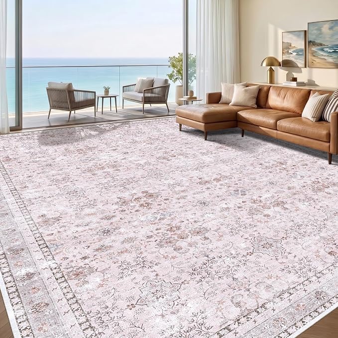 Sasttie 9x12 Area Rug, Ultra-Soft Washable Rug, Low Pile Foldable Thin Carpets with Non-Slip Backing, Skin-Friendly Stain Resistant Carpet for Living Room, Bedroom, Kitchen, Dorm, 9x12, Pink