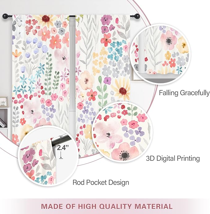 Riyidecor Colorful Floral Curtains Boho Pink Wildflower Flower Cute Trendy Plant Leaves Botanical Rod Pocket Pretty Aesthetic for Girls Bedroom Living Room Treatment Fabric 2 Panels 29Wx63H Inch