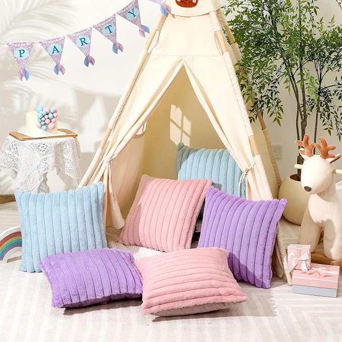 Mixweer 6 Pcs Back to School Faux Fur Plush Throw Pillow Covers 18x18 Inch Pastel Fluffy Decorative Striped Pillow Covers with Velvet Back for Sleepover Slumber Party Tent, Sofa, Classroom Home Decor
