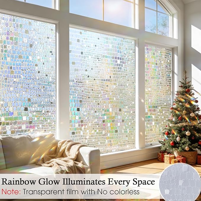 Windimiley Rainbow Window Privacy Film, 3D Stained Glass Christmas Decorative Window Clings, UV Heat Blocking Holographic Prism Stickers for Home(17.5 x 157.5In,Pure)