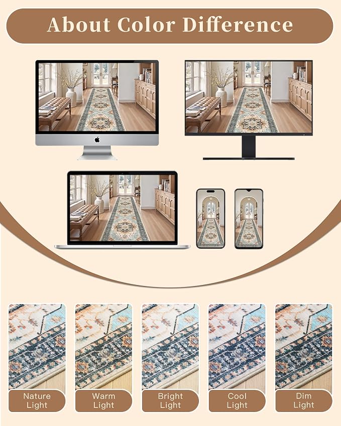 Madane Washable Runner Rug 2x6 Runners for Hallways Non Slip, Orange/Blue | Vintage Stain-Resistant 6 Feet Kitchen Rug, Soft Low-Pile Ultra-Thin Floor Carpet Mat for Bathroom Laundry Room Bedroom 2x6ft