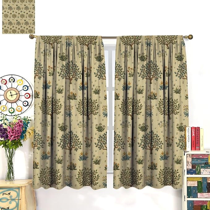 Rustic William Morris Curtains, Watercolor Vintage Flower Tree Plant Art Style Blackout Window Treatments Drapes, for Living Room Bedroom Kitchen 42(W)*84(L) 2 Panels