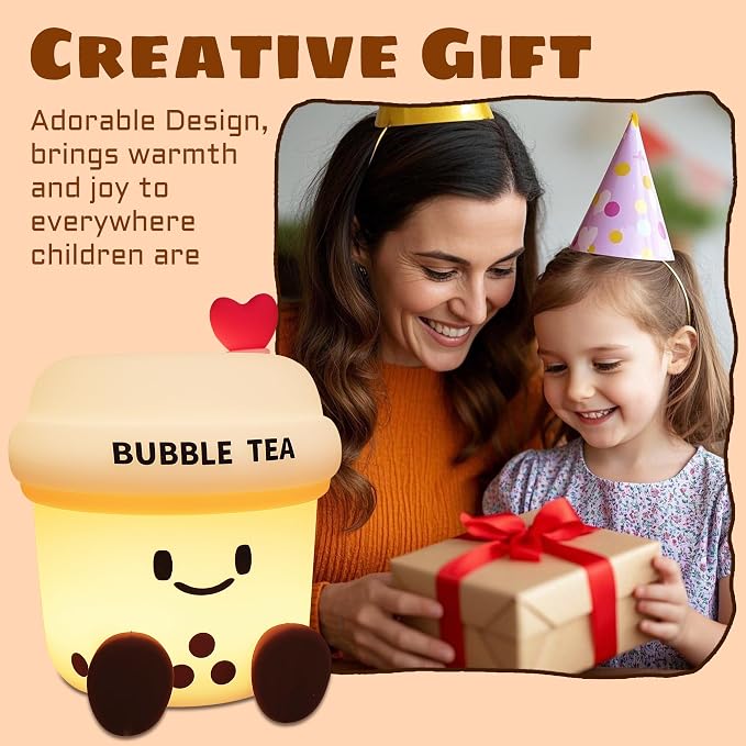 OkiyiD Boba Tea Gifts for Milk Tea Lovers, Cute Bubble Tea Night Light, Boba Tea Silicone Nursery Lamp with Dimming and Timing Function, Cute Room Decor Lights for Kids Girl Women Xmas Gifts