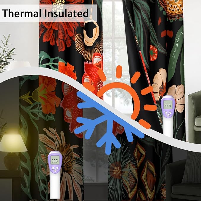Tyrot Black Boho Floral 100% Blackout Curtains for Living Room 63 inch Long 2 Panels Mid Century Botanical Black Out Curtains for Bedroom Grommet Thermal Insulated Room Darkening Window Drapes,52Wx63L