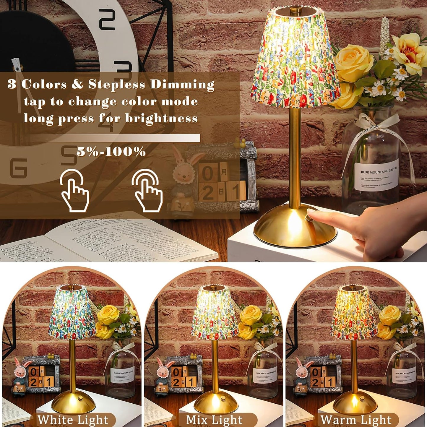 Liliful 2 Pcs LED Portable Cordless Table Lamp Touch Battery Operated Rechargeable Desk Lamp 3 Color Dimmable for Bedroom Living Room Dining (Floral Style,Gold)