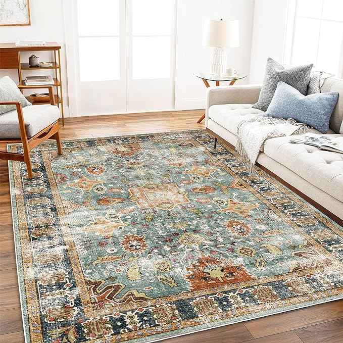 CHAMPLANT Area Rug 8'x10' Washable Rug Vintage Traditional Mat Distressed Indoor Foldable Thin Retro Accent Floral Print Non Slip Carpet for Living Room Dining Room Office