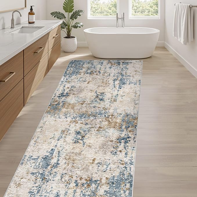 Runner Rug Kitchen Washable Rugs: 3x8 Non-Slip Abstract Soft Modern Stain Resistant Indoor Floor Neutral Accent Throw Carpet for Hallway Bathroom Laundry Room Entryway Bedroom- Blue Tan