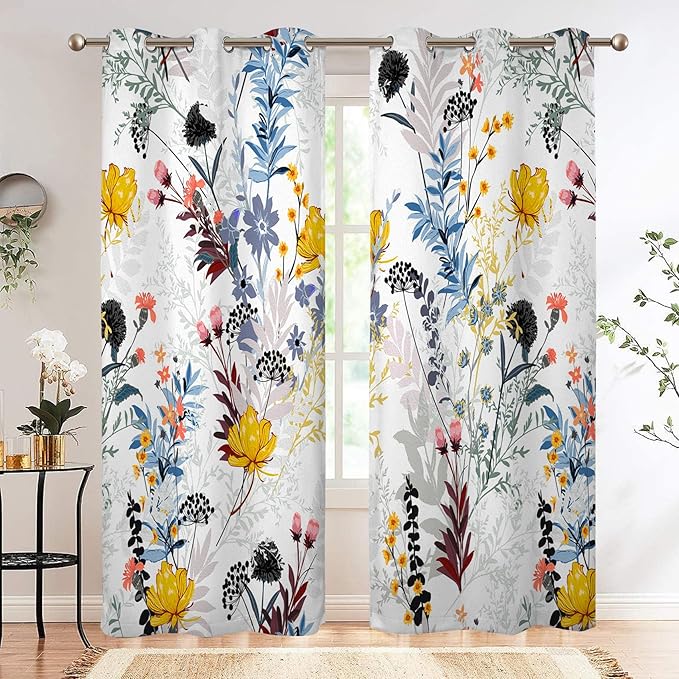 Renaiss Botanical Plants Blackout Curtains, Wild Flowers Plants Print Thermal Insulated Bedroom Window Curtains, Boho Floral Window Drapes for Living Room, 63" L x 53" W 2 Panel Set