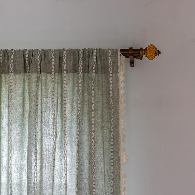 Boho Embroidery Striped Country Farmhouse Curtains - Sage Green Linen - 63 Inch Length, 2 Panels - Light Filtering - Living Room (52" W x 63" L)