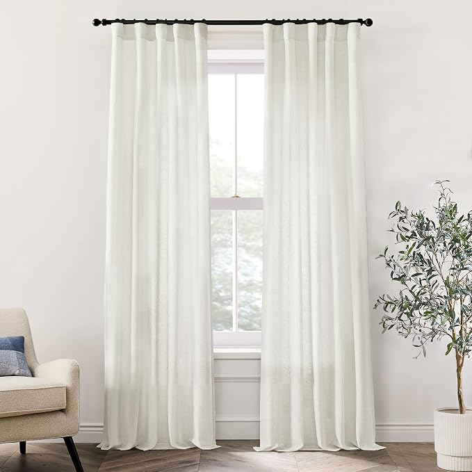 XTMYI 86 Inch Linen Curtains, Semi Sheer Light Filtering Boho Back Tab Pleated Rod Pocket Drapes for Living Room Bedroom, 40 x 86 inches Long 2 Panels Set, Cream Ivory