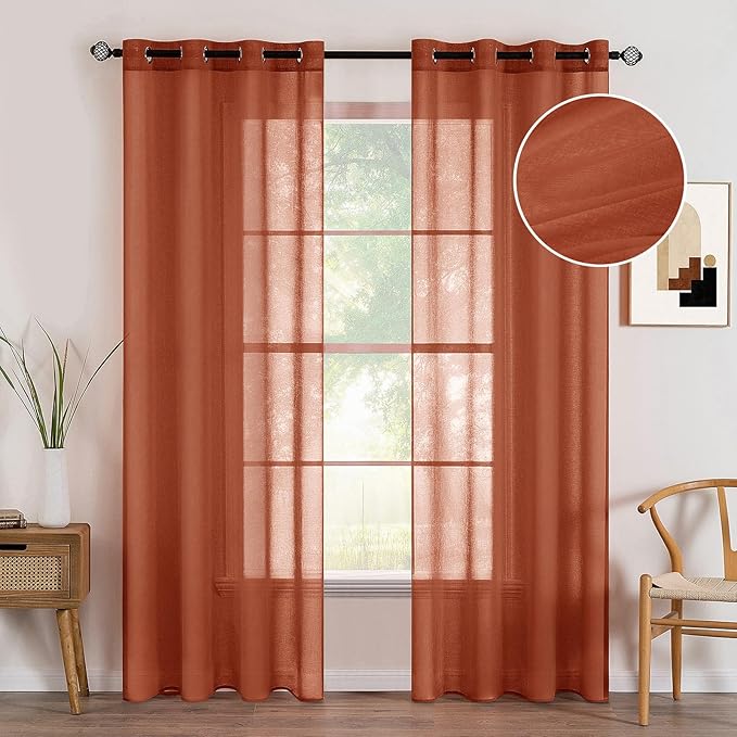 MIULEE 2 Panels Terracotta Semi Sheer Window Curtains Boho Grommet Top Window Voile Drapes/Treatment Linen Textured Panels for Bedroom Living Room Rust Retro Fall Modern Decor (54X84 Inches)