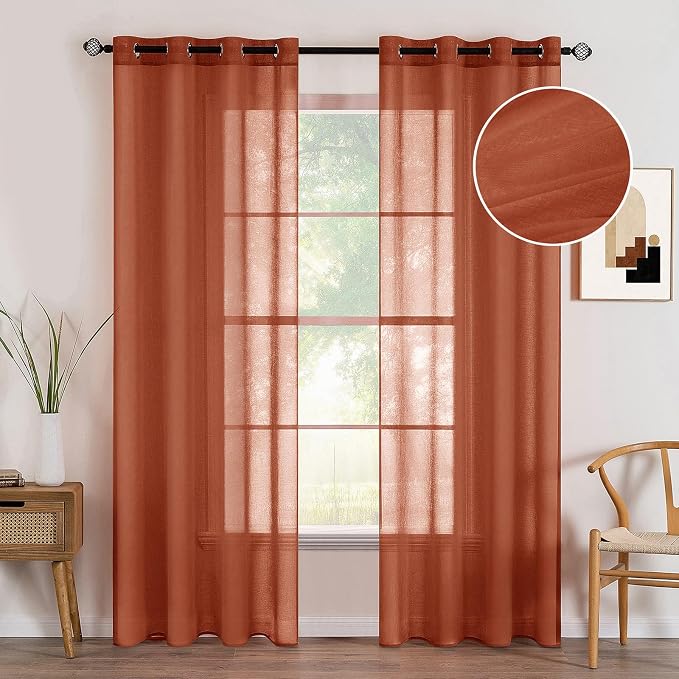 MIULEE 2 Panels Terracotta Semi Sheer Window Curtains Elegant Grommet Top Window Voile Drapes/Treatment Linen Textured Panels for Bedroom Living Room Rust Boho Retro Fall Decor (54X96 Inches)