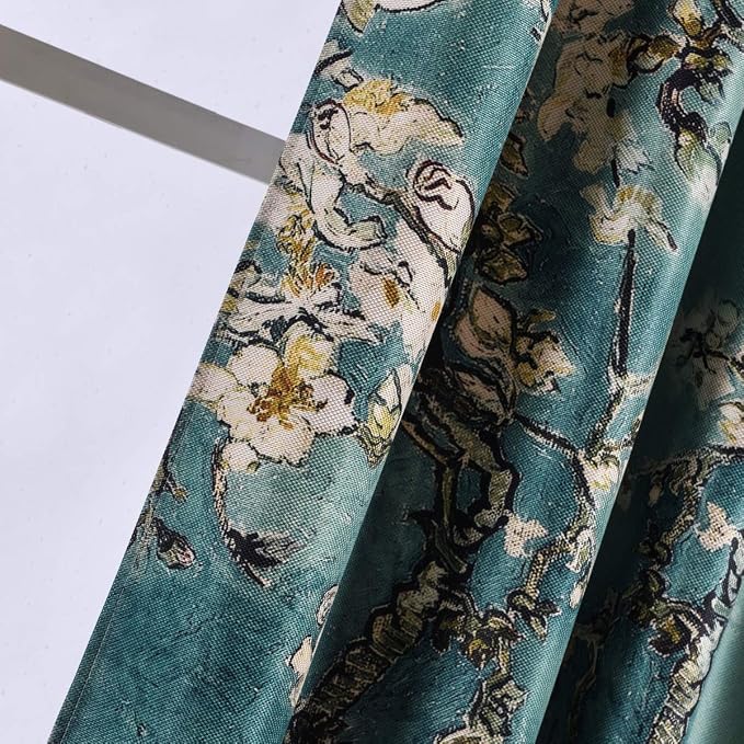 Taisier Home Chinese Style Plum Blossom Curtain Green Artistic Print Curtains 72 Inches Long for Living Room,Personalized Pattern Curtains Bedroom Window Treatment Curtains 2 Panels Set